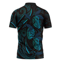 Hawaiian Mango Tribal Tattoo Zipper Polo Shirt Teal Pacific Traditional Pattern