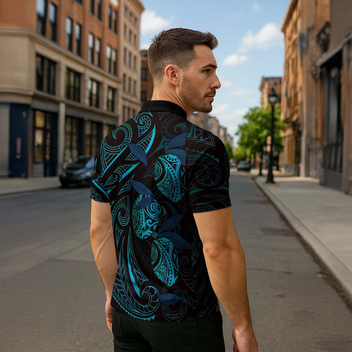 Hawaiian Mango Tribal Tattoo Zipper Polo Shirt Teal Pacific Traditional Pattern