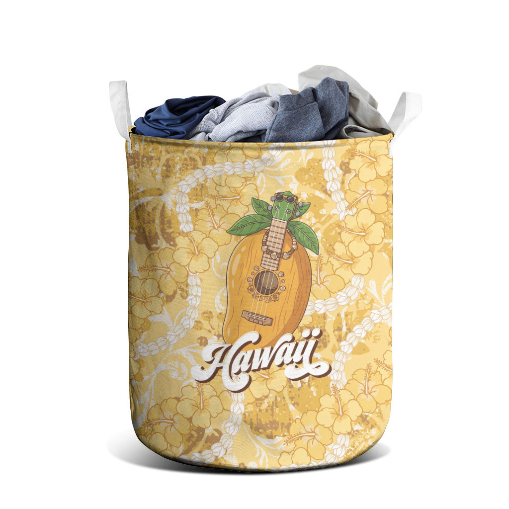 Hawaiian Mango Ukulele Laundry Basket Retro Yellow Hibiscus Pikake Lei
