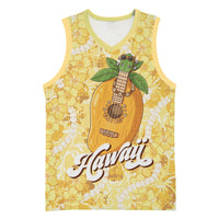 Hawaiian Mango Ukulele Basketball Jersey Retro Yellow Hibiscus Pikake Lei