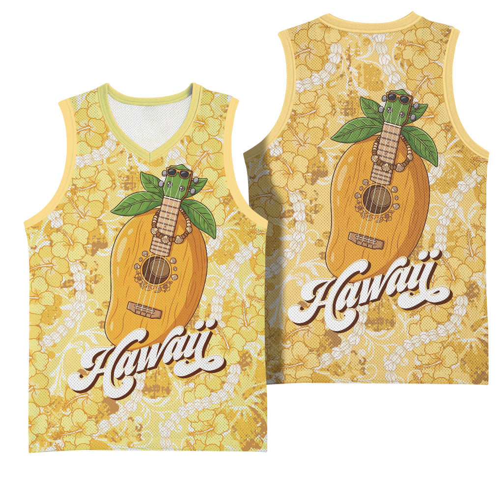 Hawaiian Mango Ukulele Basketball Jersey Retro Yellow Hibiscus Pikake Lei