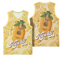 Hawaiian Mango Ukulele Basketball Jersey Retro Yellow Hibiscus Pikake Lei