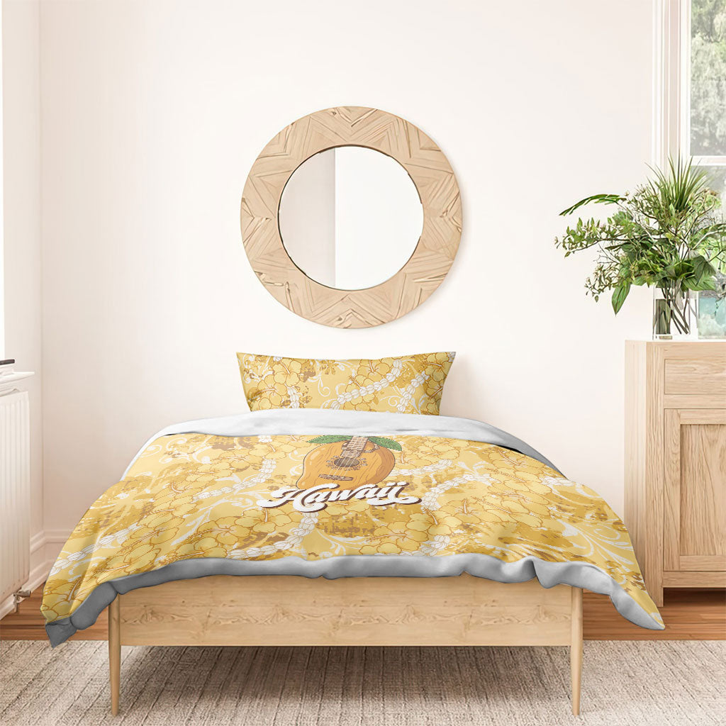 Hawaiian Mango Ukulele Bedding Set Retro Yellow Hibiscus Pikake Lei