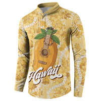 Hawaiian Mango Ukulele Button Sweatshirt Retro Yellow Hibiscus Pikake Lei