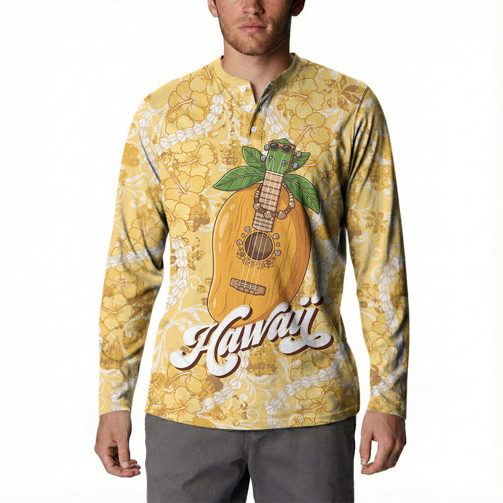 Hawaiian Mango Ukulele Button Sweatshirt Retro Yellow Hibiscus Pikake Lei