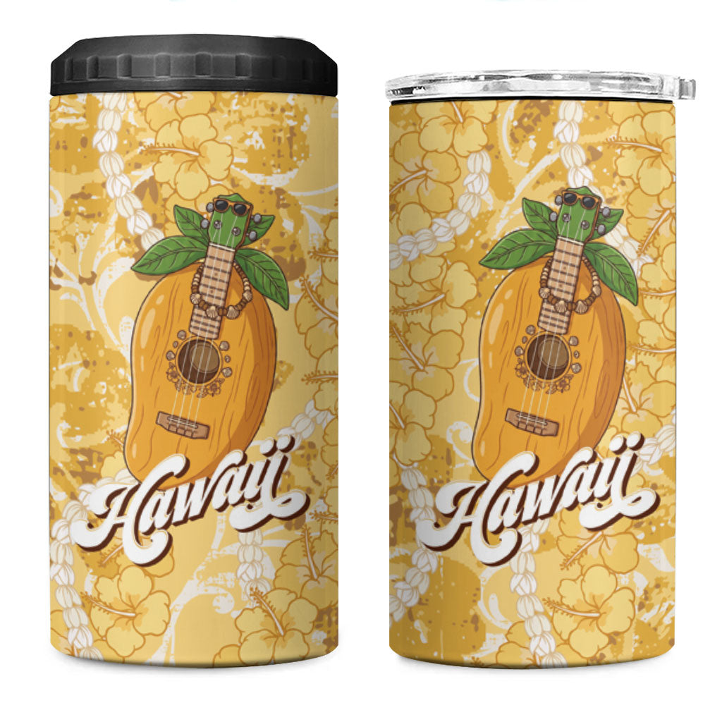Hawaiian Mango Ukulele 4 in 1 Can Cooler Tumbler Retro Yellow Hibiscus Pikake Lei