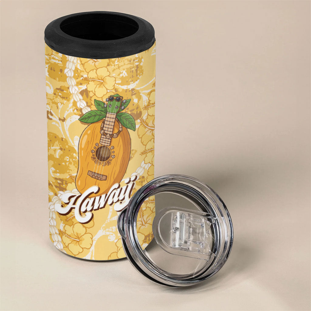 Hawaiian Mango Ukulele 4 in 1 Can Cooler Tumbler Retro Yellow Hibiscus Pikake Lei