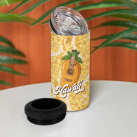Hawaiian Mango Ukulele 4 in 1 Can Cooler Tumbler Retro Yellow Hibiscus Pikake Lei