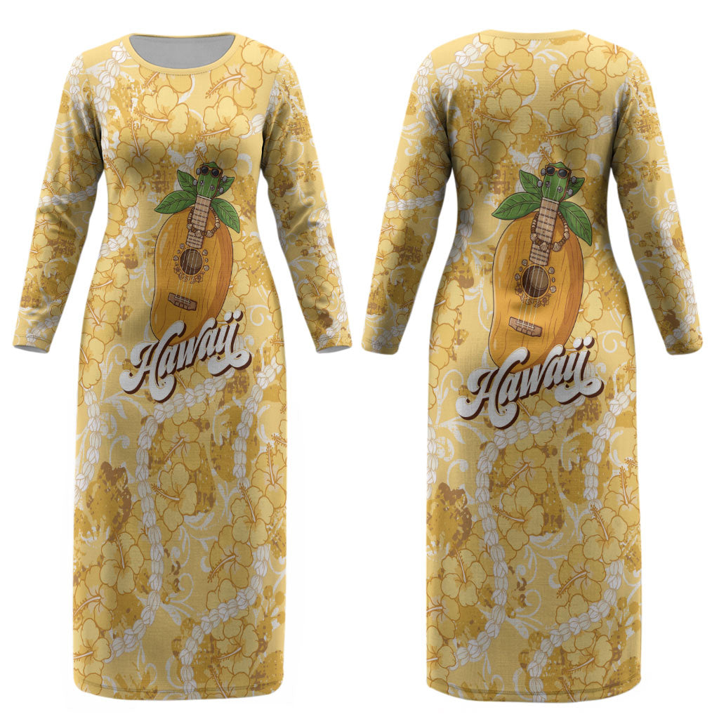 Hawaiian Mango Ukulele Couples Matching Long Sleeve Bodycon Dress and Hawaiian Shirt Retro Yellow Hibiscus Pikake Lei