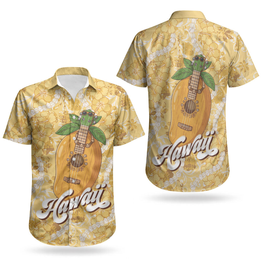 Hawaiian Mango Ukulele Couples Matching Off Shoulder Maxi Dress and Hawaiian Shirt Retro Yellow Hibiscus Pikake Lei