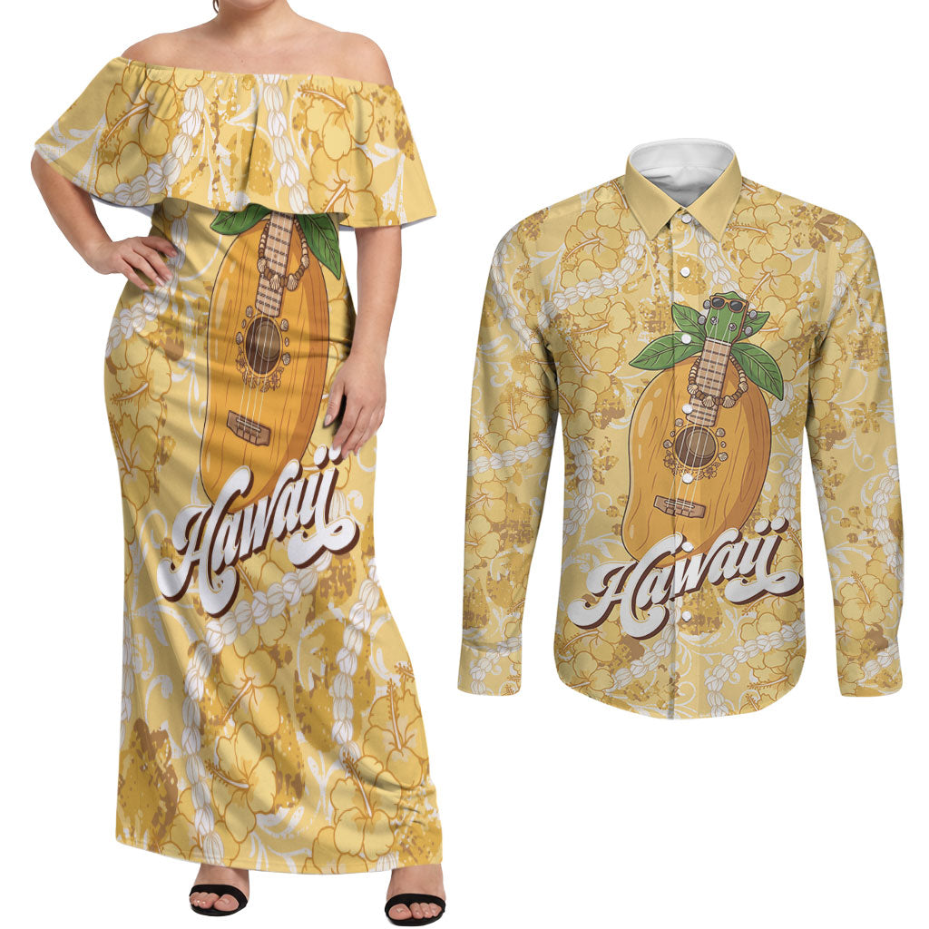 Hawaiian Mango Ukulele Couples Matching Off Shoulder Maxi Dress and Long Sleeve Button Shirt Retro Yellow Hibiscus Pikake Lei