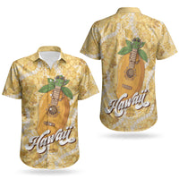 Hawaiian Mango Ukulele Couples Matching Off The Shoulder Long Sleeve Dress and Hawaiian Shirt Retro Yellow Hibiscus Pikake Lei