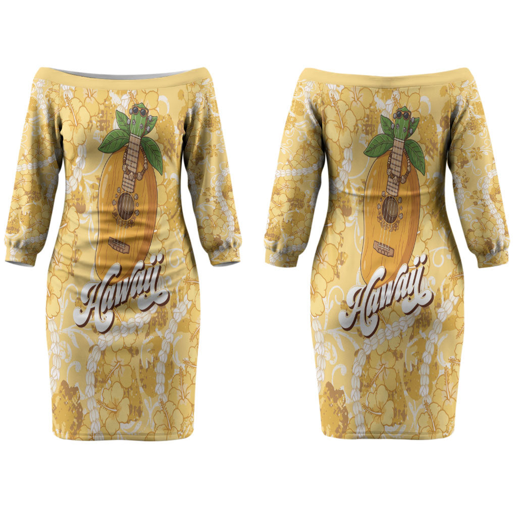 Hawaiian Mango Ukulele Couples Matching Off The Shoulder Long Sleeve Dress and Hawaiian Shirt Retro Yellow Hibiscus Pikake Lei