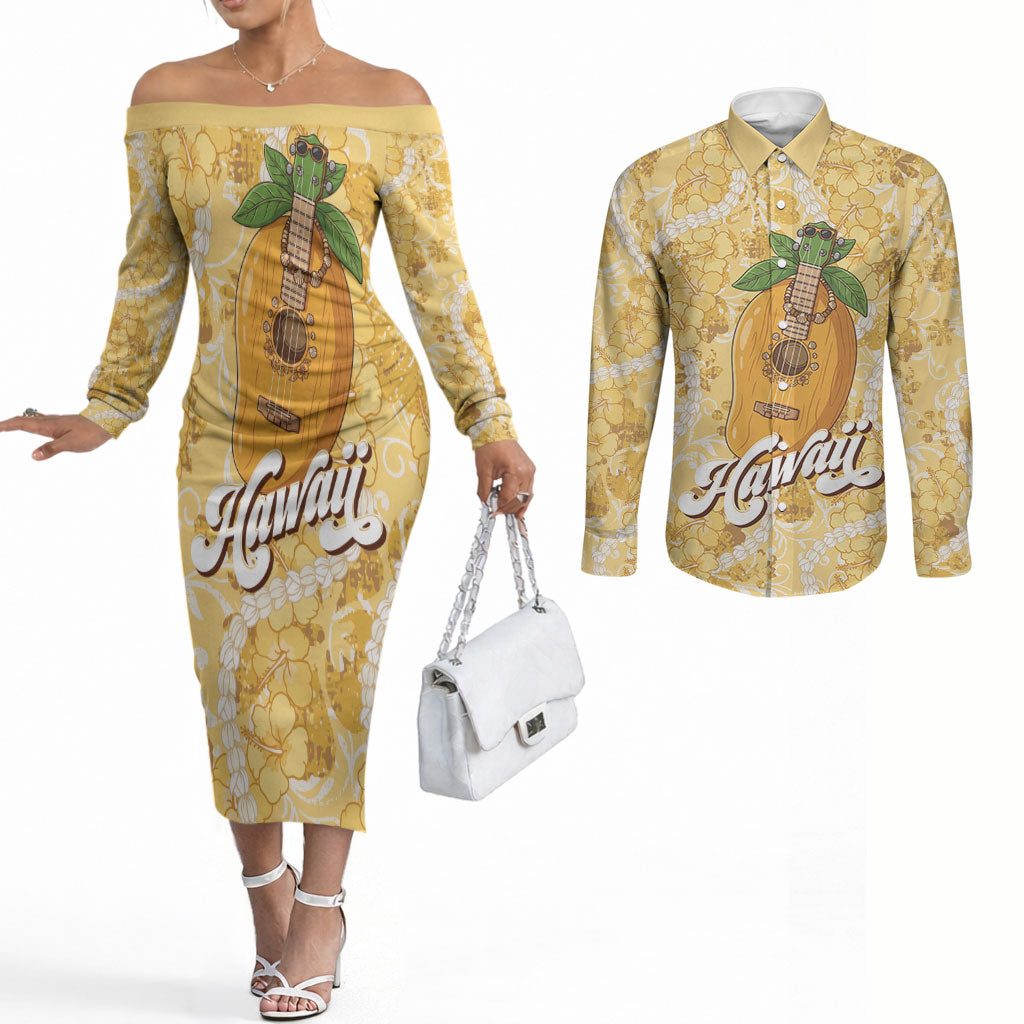 Hawaiian Mango Ukulele Couples Matching Off The Shoulder Long Sleeve Dress and Long Sleeve Button Shirt Retro Yellow Hibiscus Pikake Lei
