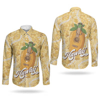 Hawaiian Mango Ukulele Couples Matching Puletasi and Long Sleeve Button Shirt Retro Yellow Hibiscus Pikake Lei