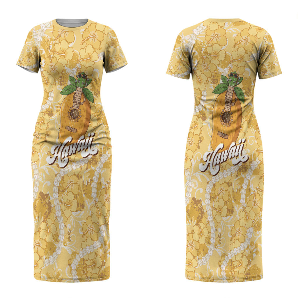 Hawaiian Mango Ukulele Couples Matching Short Sleeve Bodycon Dress and Long Sleeve Button Shirt Retro Yellow Hibiscus Pikake Lei