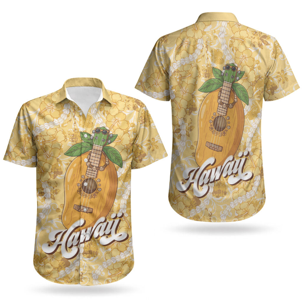 Hawaiian Mango Ukulele Couples Matching Summer Maxi Dress and Hawaiian Shirt Retro Yellow Hibiscus Pikake Lei