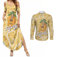 Hawaiian Mango Ukulele Couples Matching Summer Maxi Dress and Long Sleeve Button Shirt Retro Yellow Hibiscus Pikake Lei