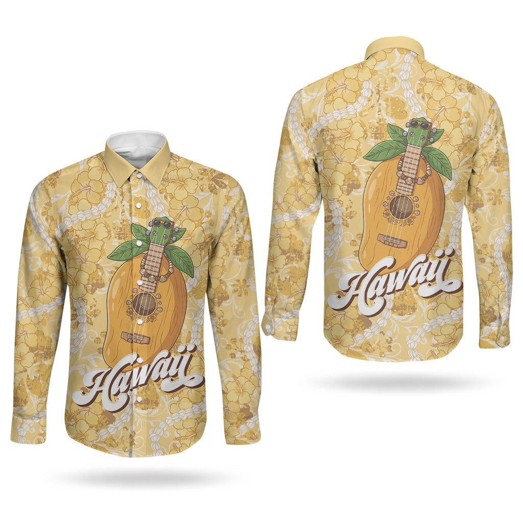 Hawaiian Mango Ukulele Couples Matching Summer Maxi Dress and Long Sleeve Button Shirt Retro Yellow Hibiscus Pikake Lei