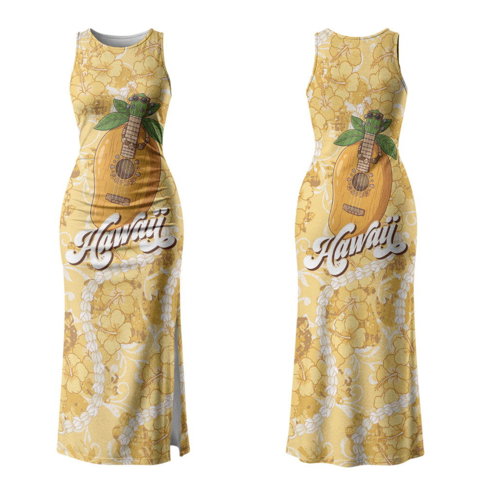 Hawaiian Mango Ukulele Couples Matching Tank Maxi Dress and Long Sleeve Button Shirt Retro Yellow Hibiscus Pikake Lei