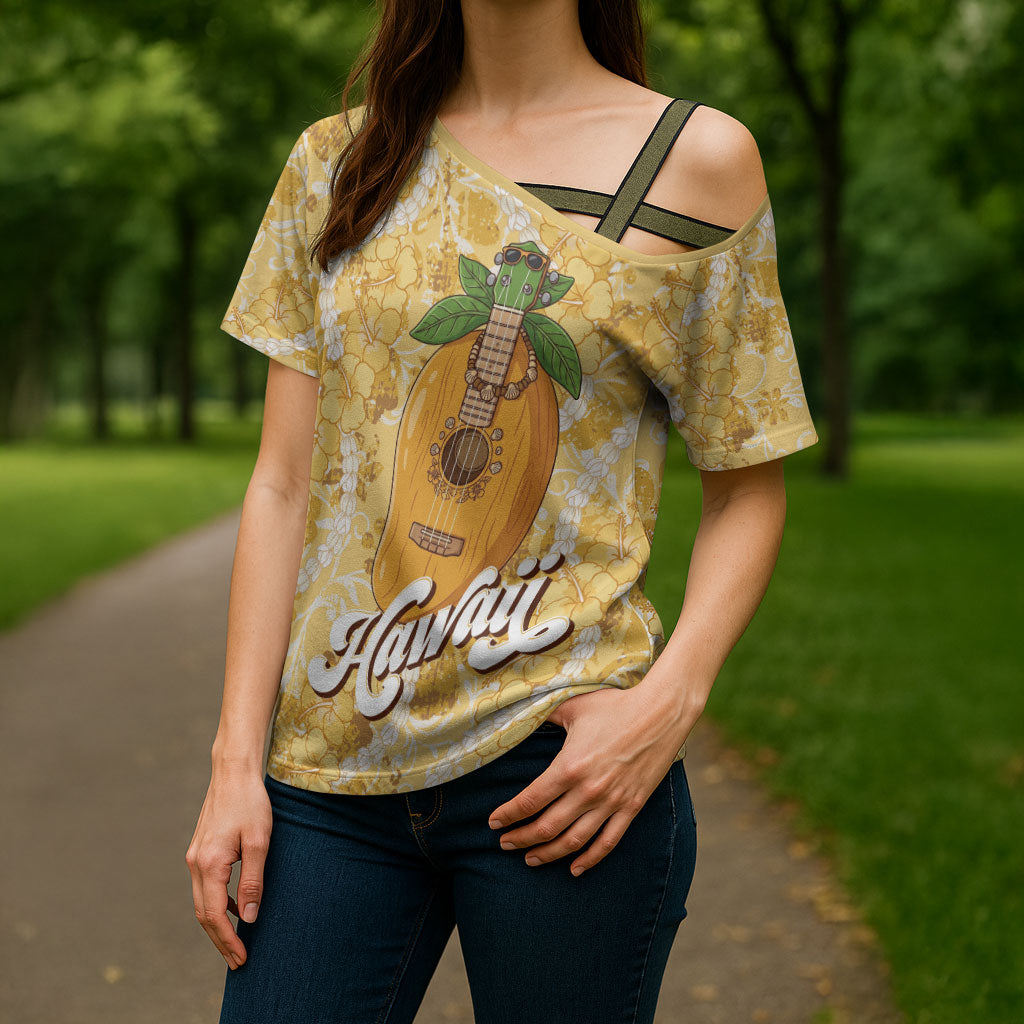 Hawaiian Mango Ukulele Cross Shoulder Shirt Retro Yellow Hibiscus Pikake Lei