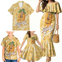 Hawaiian Mango Ukulele Family Matching Mermaid Dress and Hawaiian Shirt Retro Yellow Hibiscus Pikake Lei