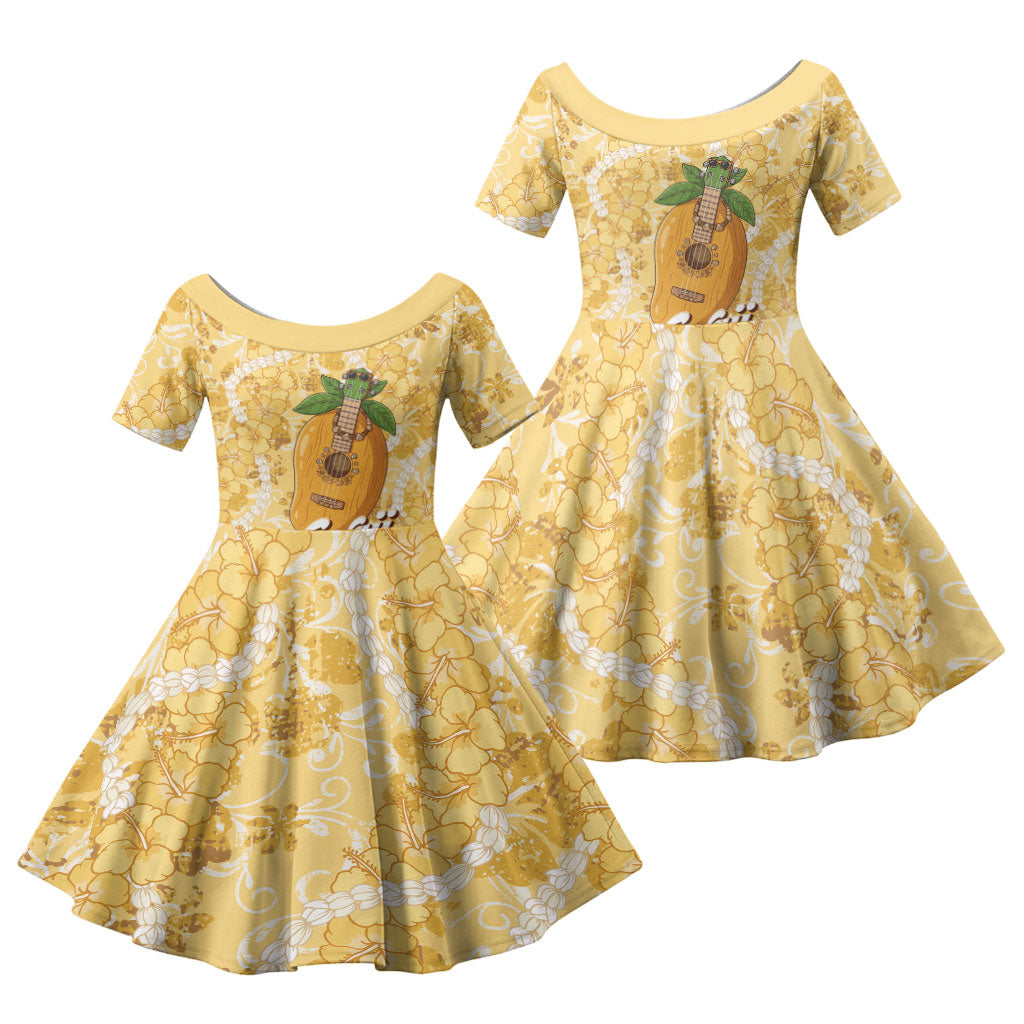 Hawaiian Mango Ukulele Family Matching Off Shoulder Maxi Dress and Hawaiian Shirt Retro Yellow Hibiscus Pikake Lei