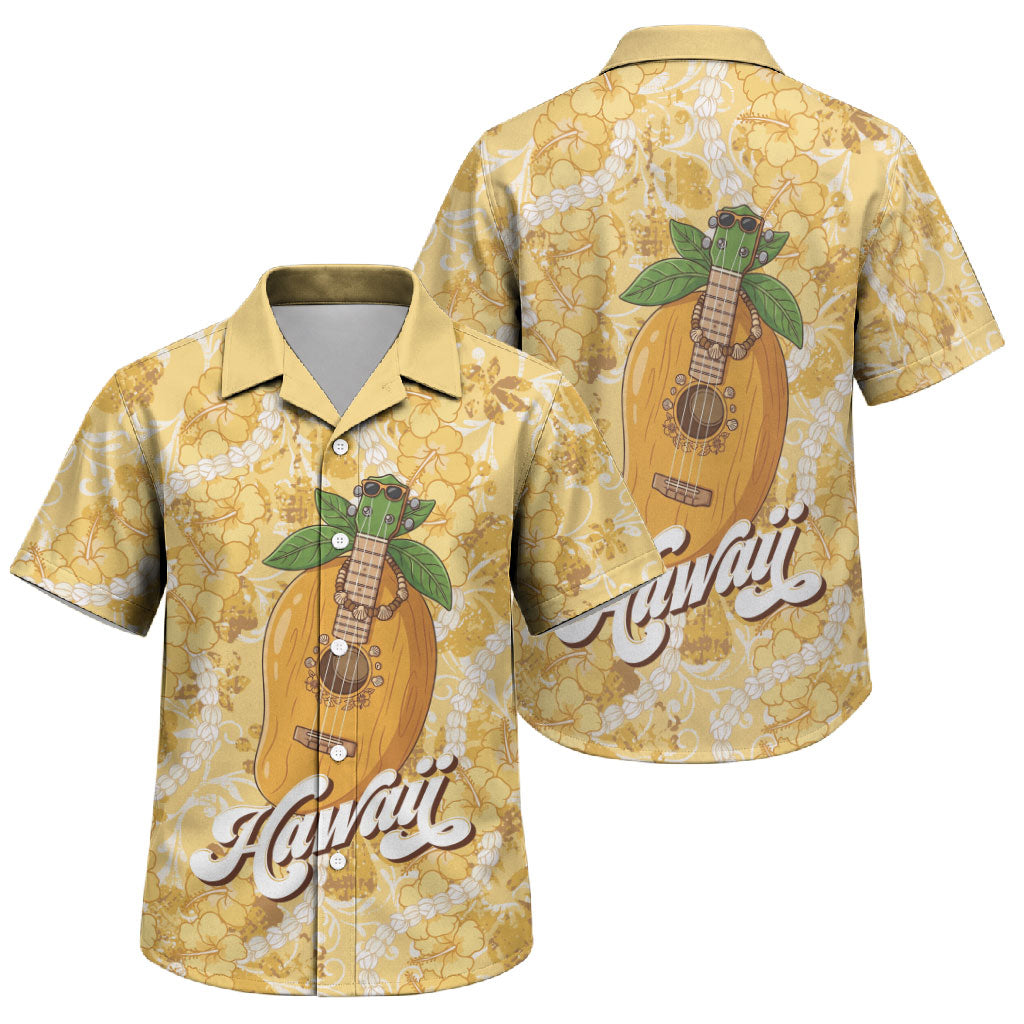 Hawaiian Mango Ukulele Family Matching Off Shoulder Maxi Dress and Hawaiian Shirt Retro Yellow Hibiscus Pikake Lei