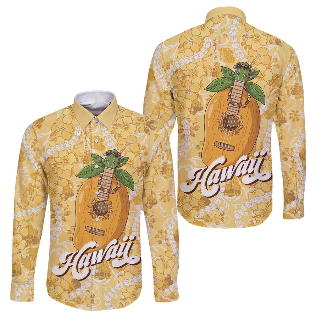 Hawaiian Mango Ukulele Family Matching Off Shoulder Short Dress and Hawaiian Shirt Retro Yellow Hibiscus Pikake Lei
