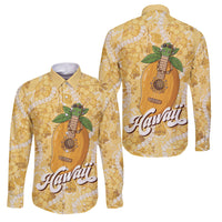 Hawaiian Mango Ukulele Family Matching Off Shoulder Short Dress and Hawaiian Shirt Retro Yellow Hibiscus Pikake Lei
