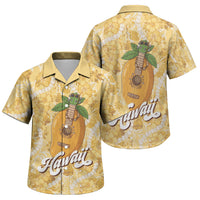 Hawaiian Mango Ukulele Family Matching Off Shoulder Short Dress and Hawaiian Shirt Retro Yellow Hibiscus Pikake Lei