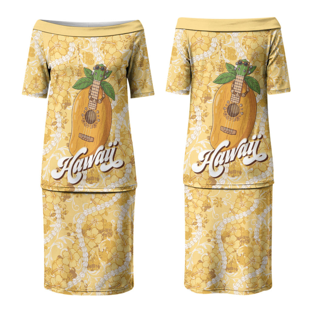 Hawaiian Mango Ukulele Family Matching Puletasi and Hawaiian Shirt Retro Yellow Hibiscus Pikake Lei