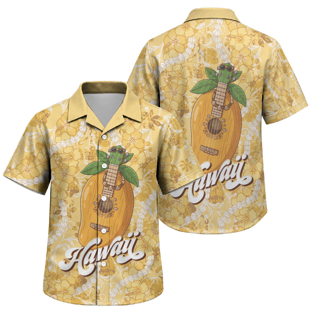 Hawaiian Mango Ukulele Family Matching Puletasi and Hawaiian Shirt Retro Yellow Hibiscus Pikake Lei