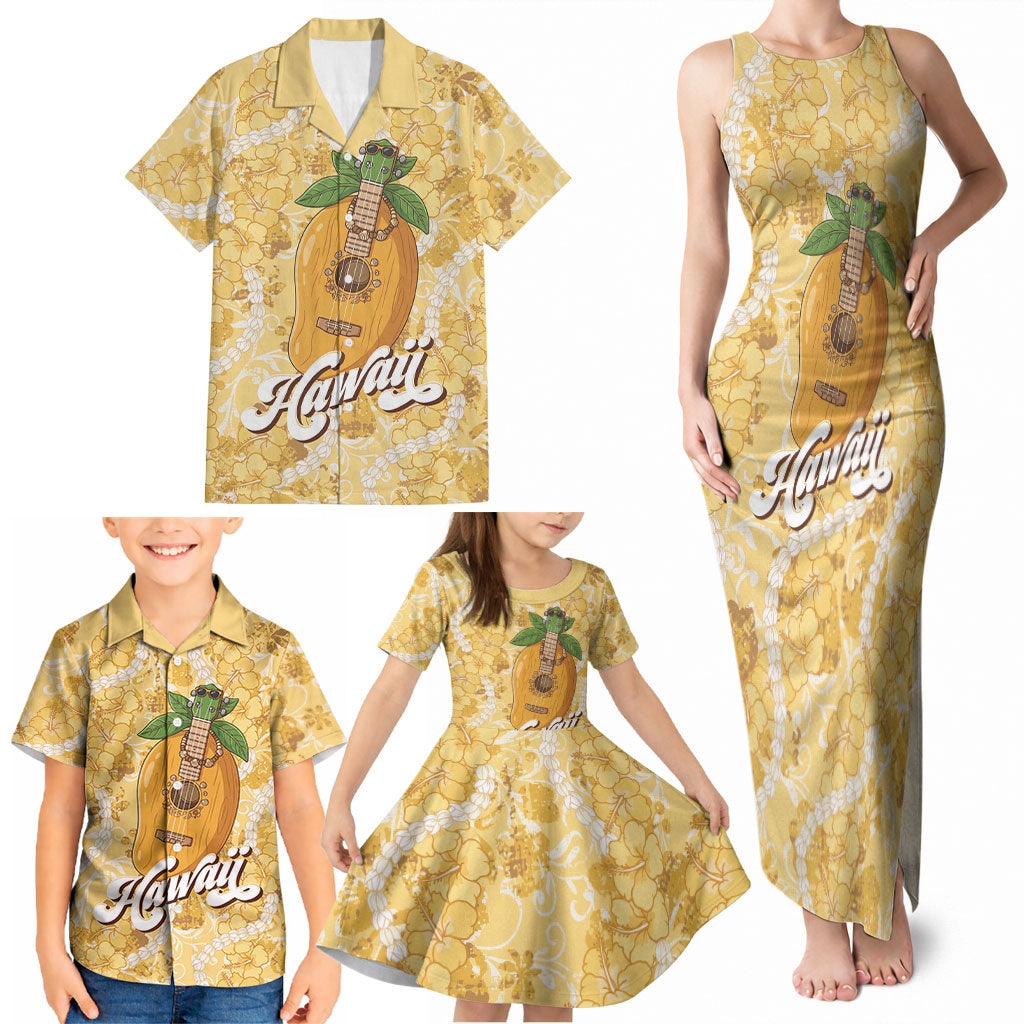 Hawaiian Mango Ukulele Family Matching Tank Maxi Dress and Hawaiian Shirt Retro Yellow Hibiscus Pikake Lei
