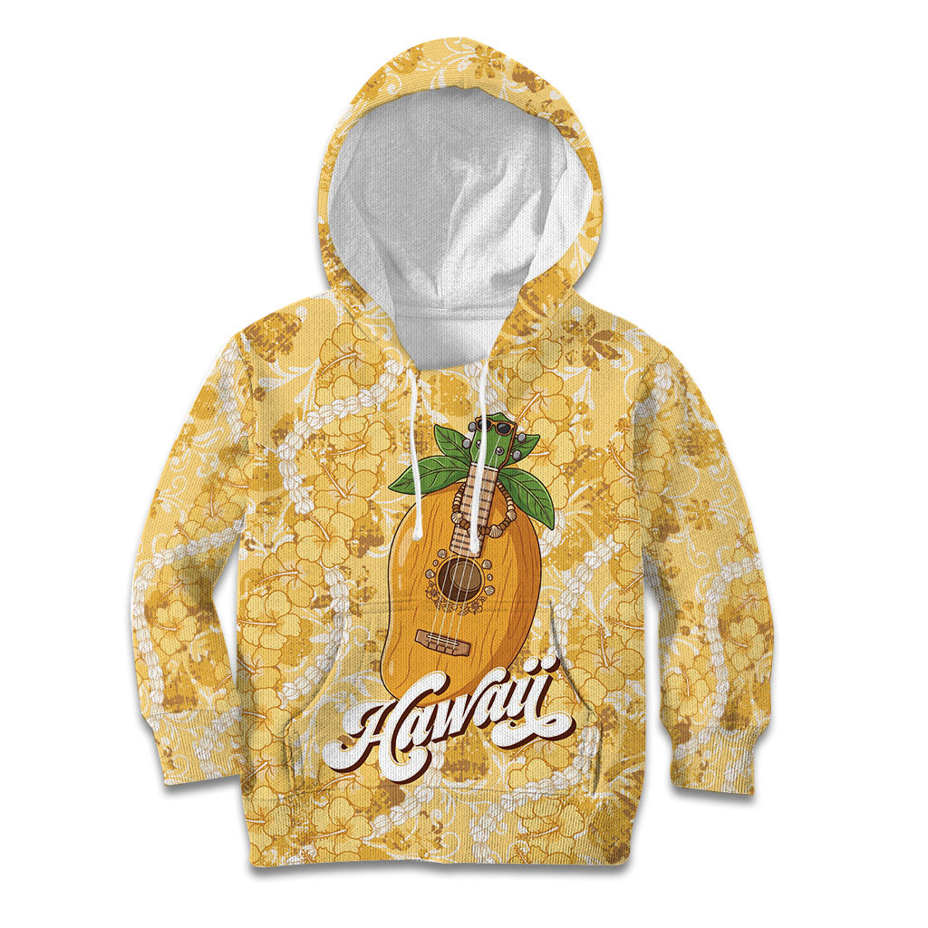 Hawaiian Mango Ukulele Kid Hoodie Retro Yellow Hibiscus Pikake Lei