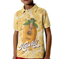 Hawaiian Mango Ukulele Kid Polo Shirt Retro Yellow Hibiscus Pikake Lei