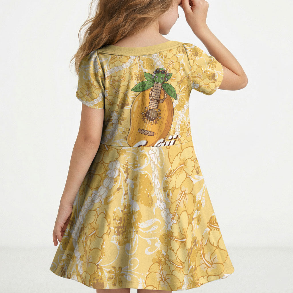 Hawaiian Mango Ukulele Kid Short Sleeve Dress Retro Yellow Hibiscus Pikake Lei