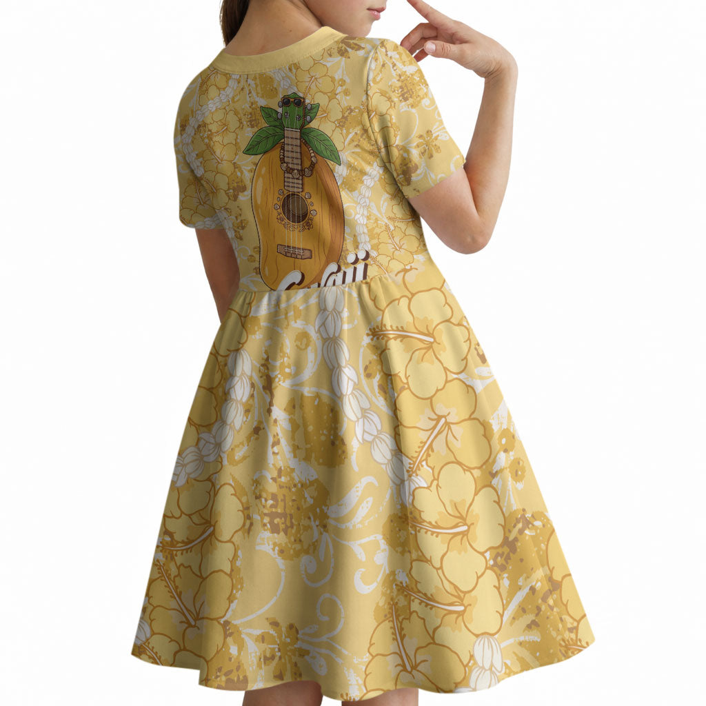 Hawaiian Mango Ukulele Kid Short Sleeve Dress Retro Yellow Hibiscus Pikake Lei