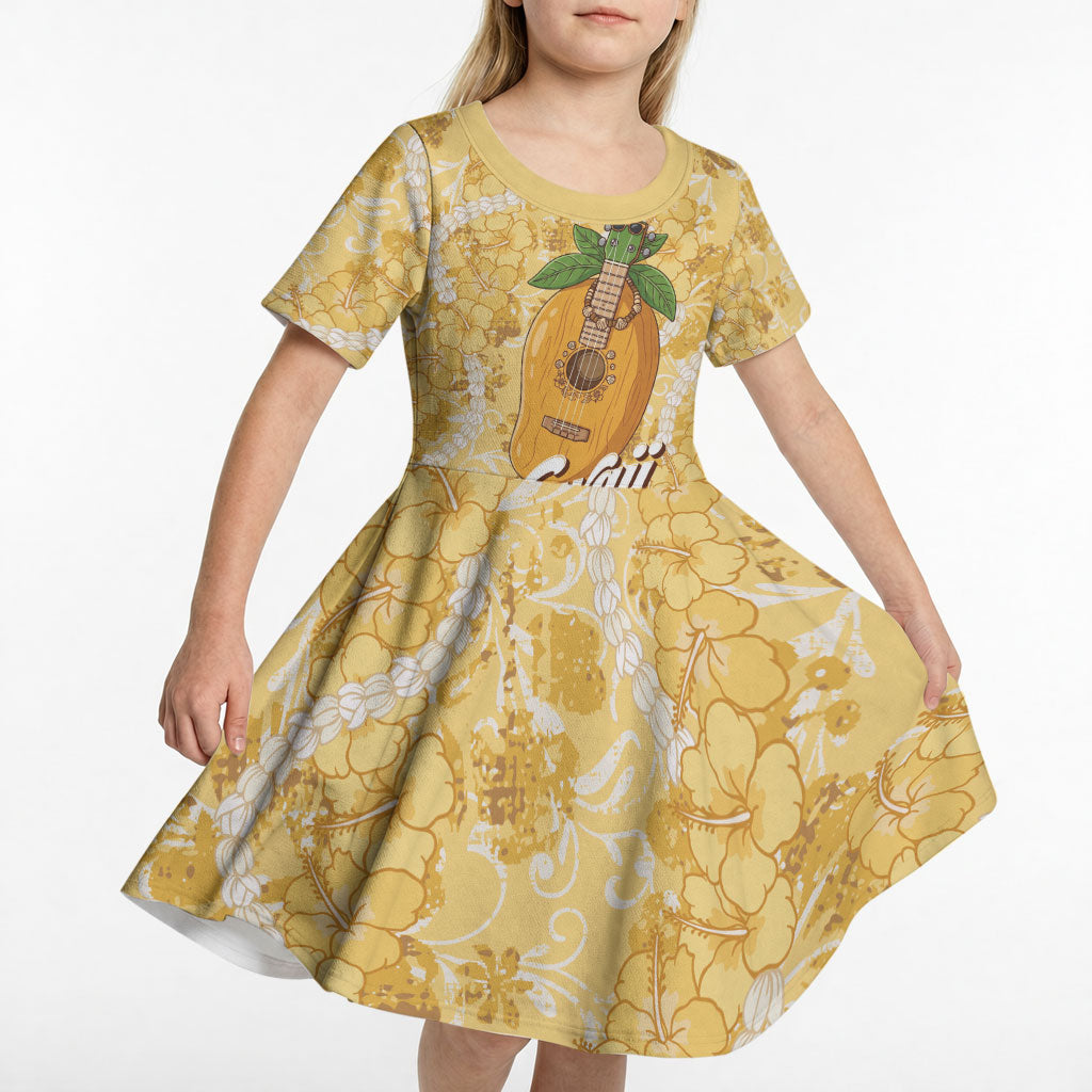 Hawaiian Mango Ukulele Kid Short Sleeve Dress Retro Yellow Hibiscus Pikake Lei