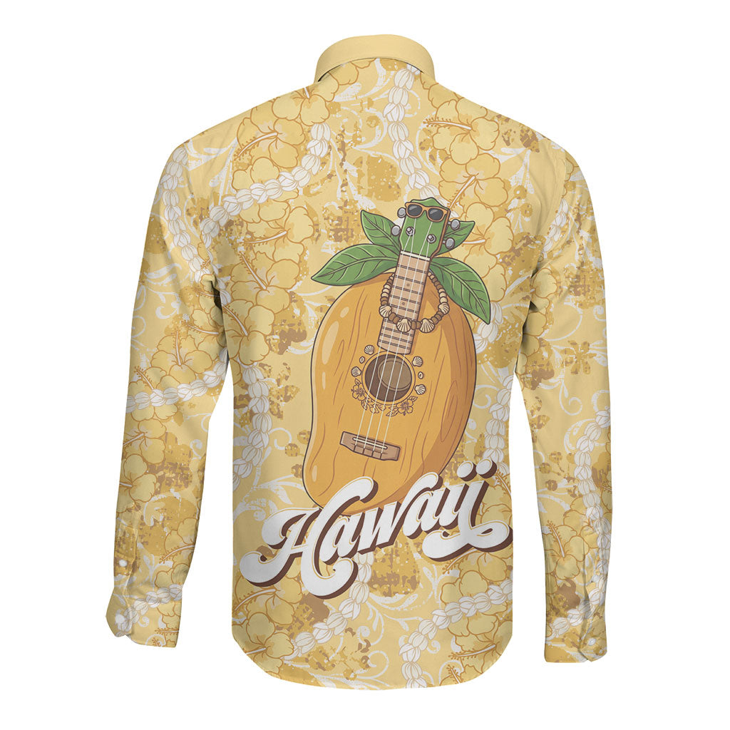 Hawaiian Mango Ukulele Long Sleeve Button Shirt Retro Yellow Hibiscus Pikake Lei