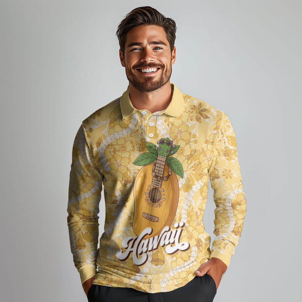 Hawaiian Mango Ukulele Long Sleeve Polo Shirt Retro Yellow Hibiscus Pikake Lei