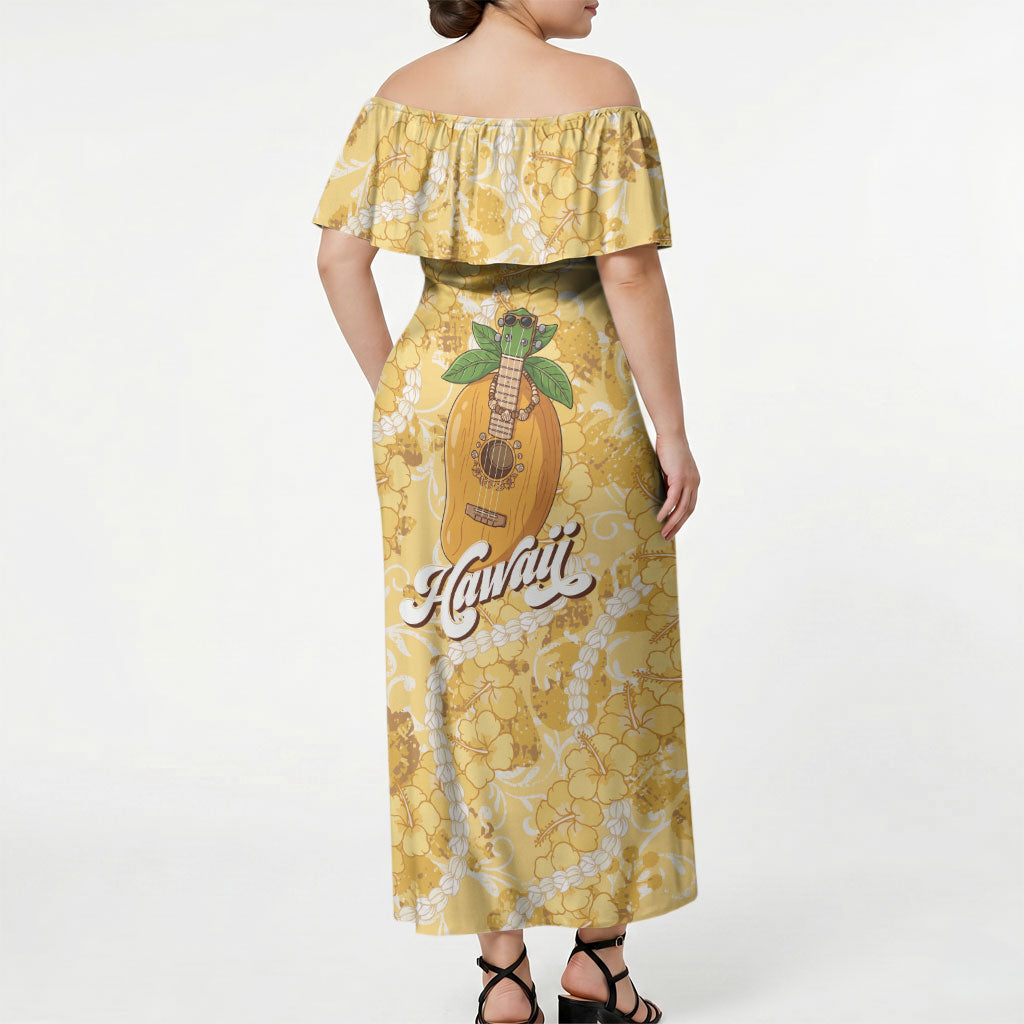 Hawaiian Mango Ukulele Off Shoulder Maxi Dress Retro Yellow Hibiscus Pikake Lei