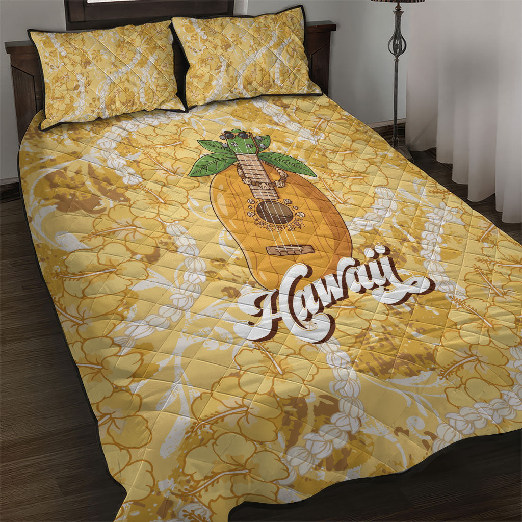 Hawaiian Mango Ukulele Quilt Bed Set Retro Yellow Hibiscus Pikake Lei