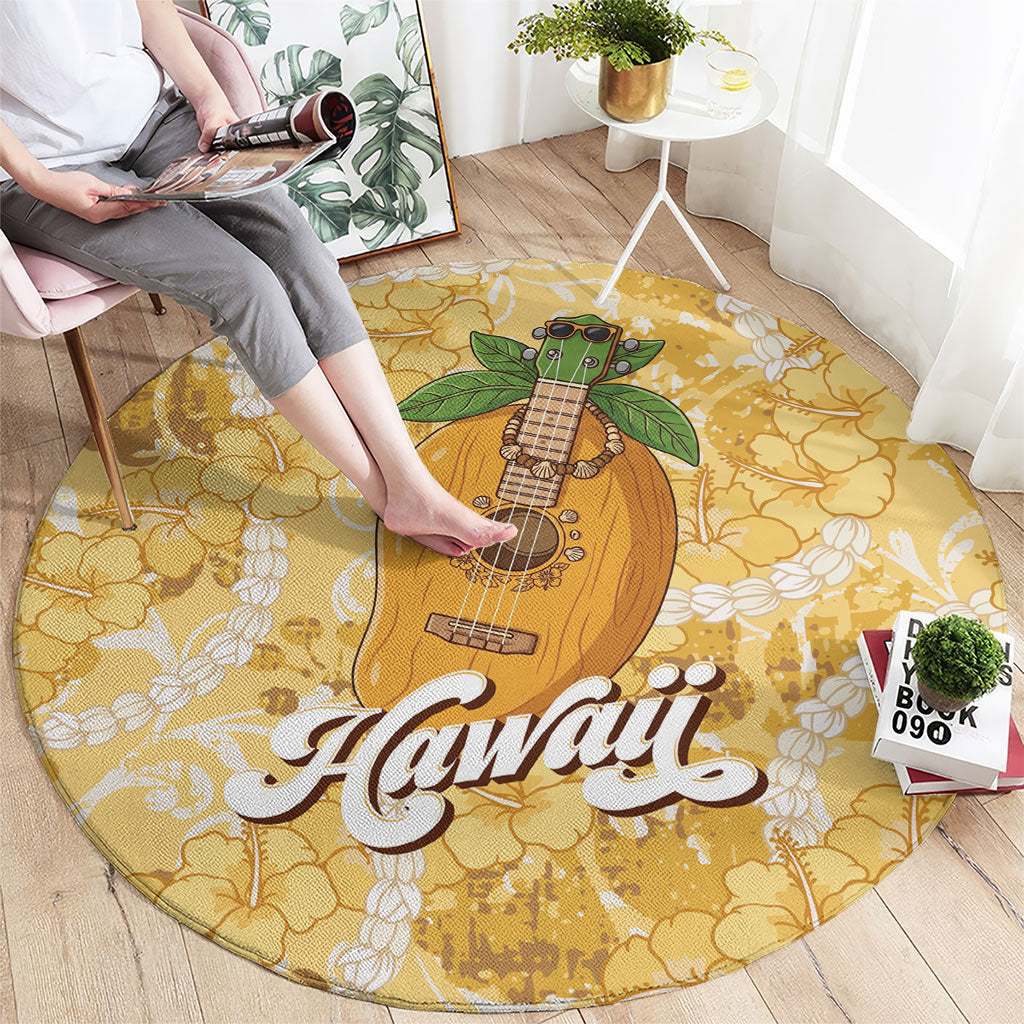 Hawaiian Mango Ukulele Round Carpet Retro Yellow Hibiscus Pikake Lei