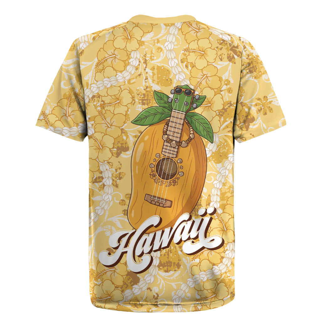 Hawaiian Mango Ukulele Rugby Jersey Retro Yellow Hibiscus Pikake Lei
