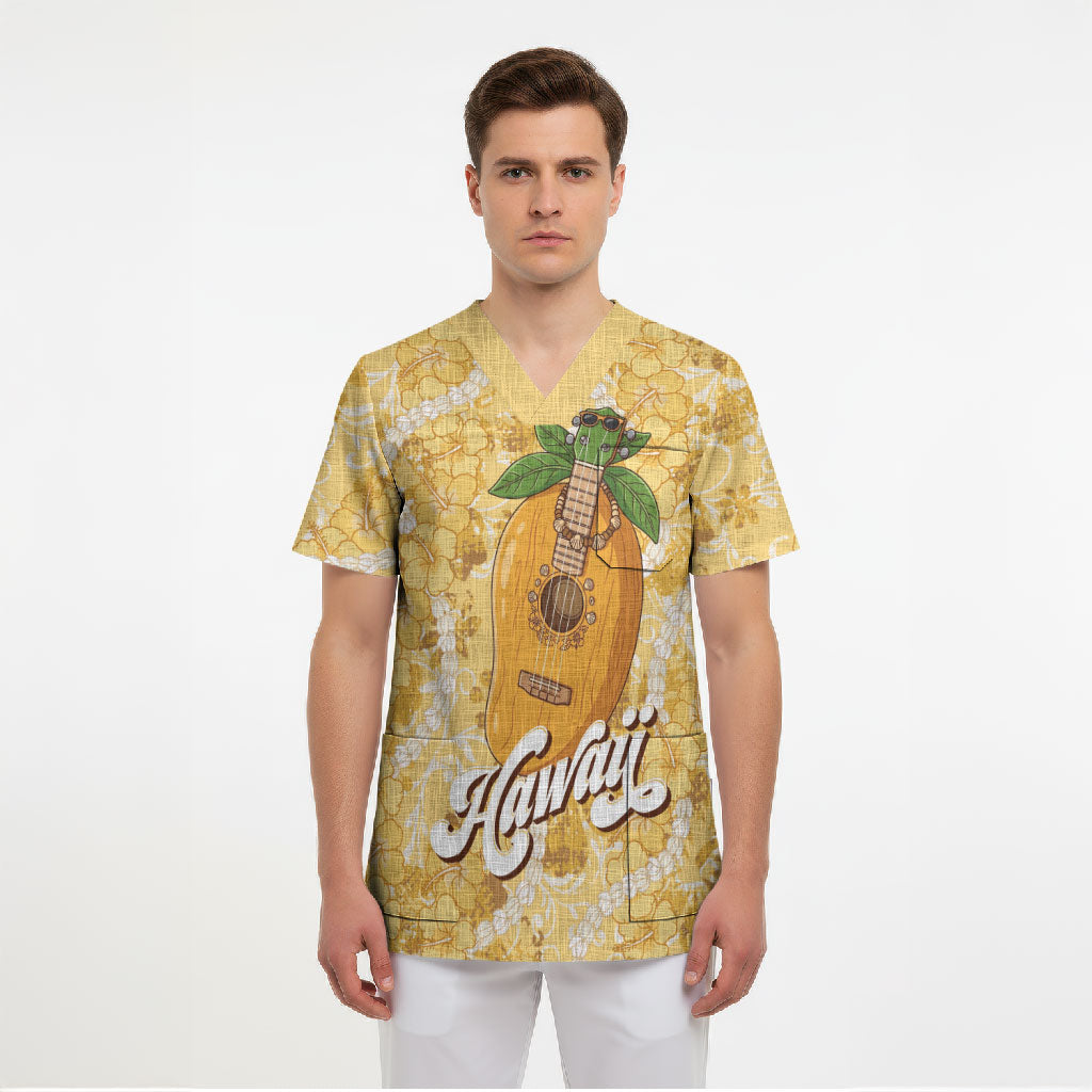 Hawaiian Mango Ukulele Scrub Top Retro Yellow Hibiscus Pikake Lei