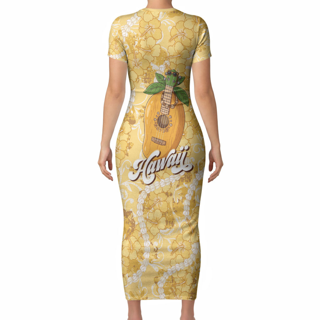 Hawaiian Mango Ukulele Short Sleeve Bodycon Dress Retro Yellow Hibiscus Pikake Lei