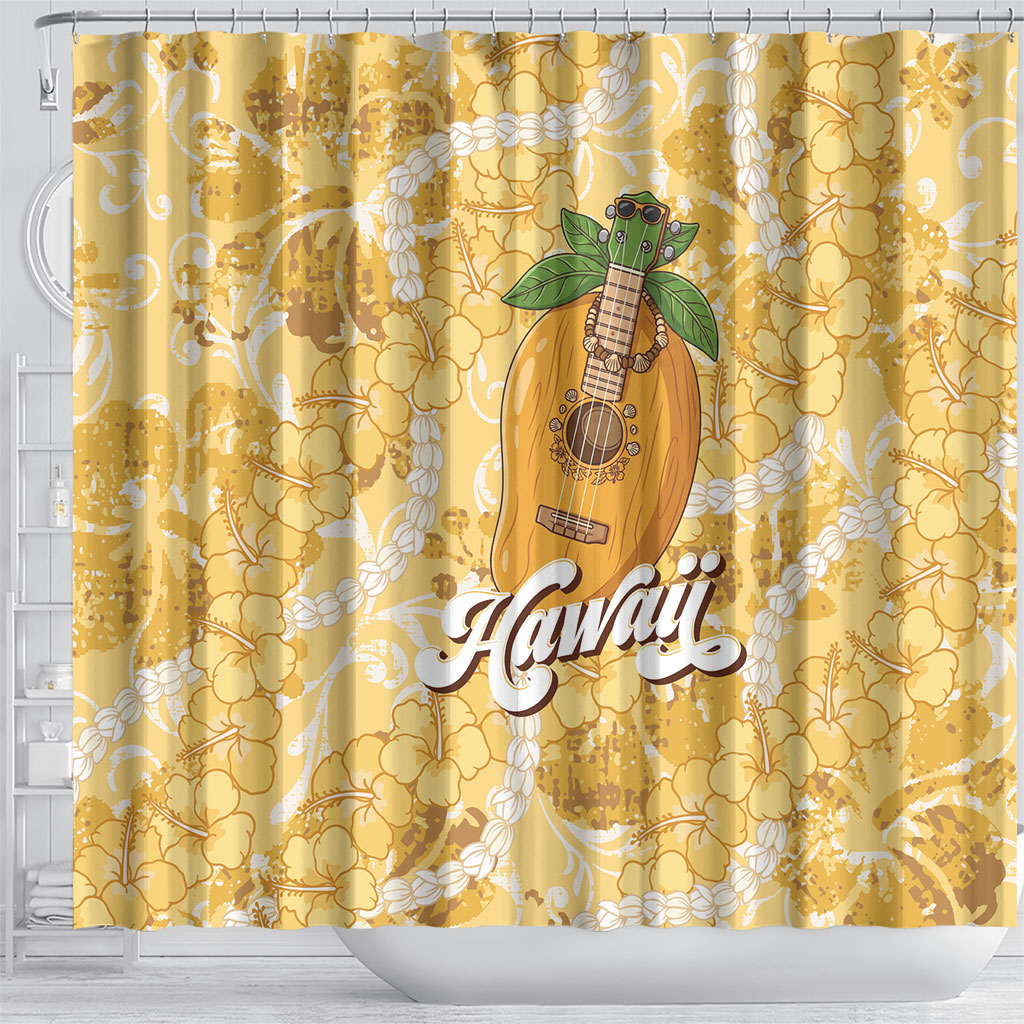 Hawaiian Mango Ukulele Shower Curtain Retro Yellow Hibiscus Pikake Lei