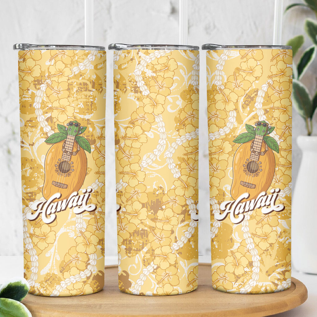 Hawaiian Mango Ukulele Skinny Tumbler Retro Yellow Hibiscus Pikake Lei