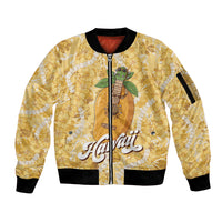 Hawaiian Mango Ukulele Sleeve Zip Bomber Jacket Retro Yellow Hibiscus Pikake Lei